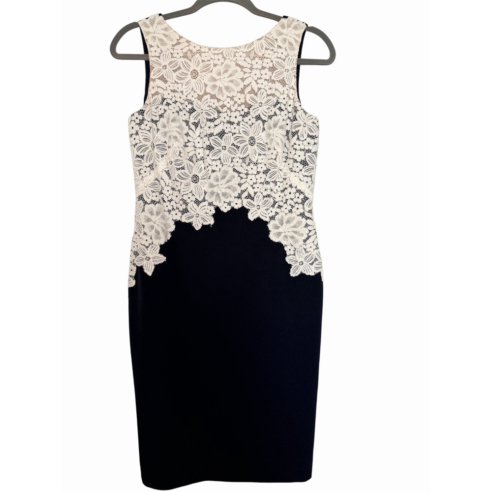 Lauren Ralph Lauren Navy White Lace Knee Length Shift Dress Size 6P Back Zip